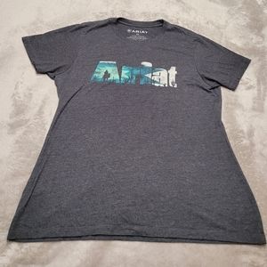 Ariat Womens Sz XL T-Shirt Gray w Logo Aztec Western Cowgirl Cactus Short Sleeve